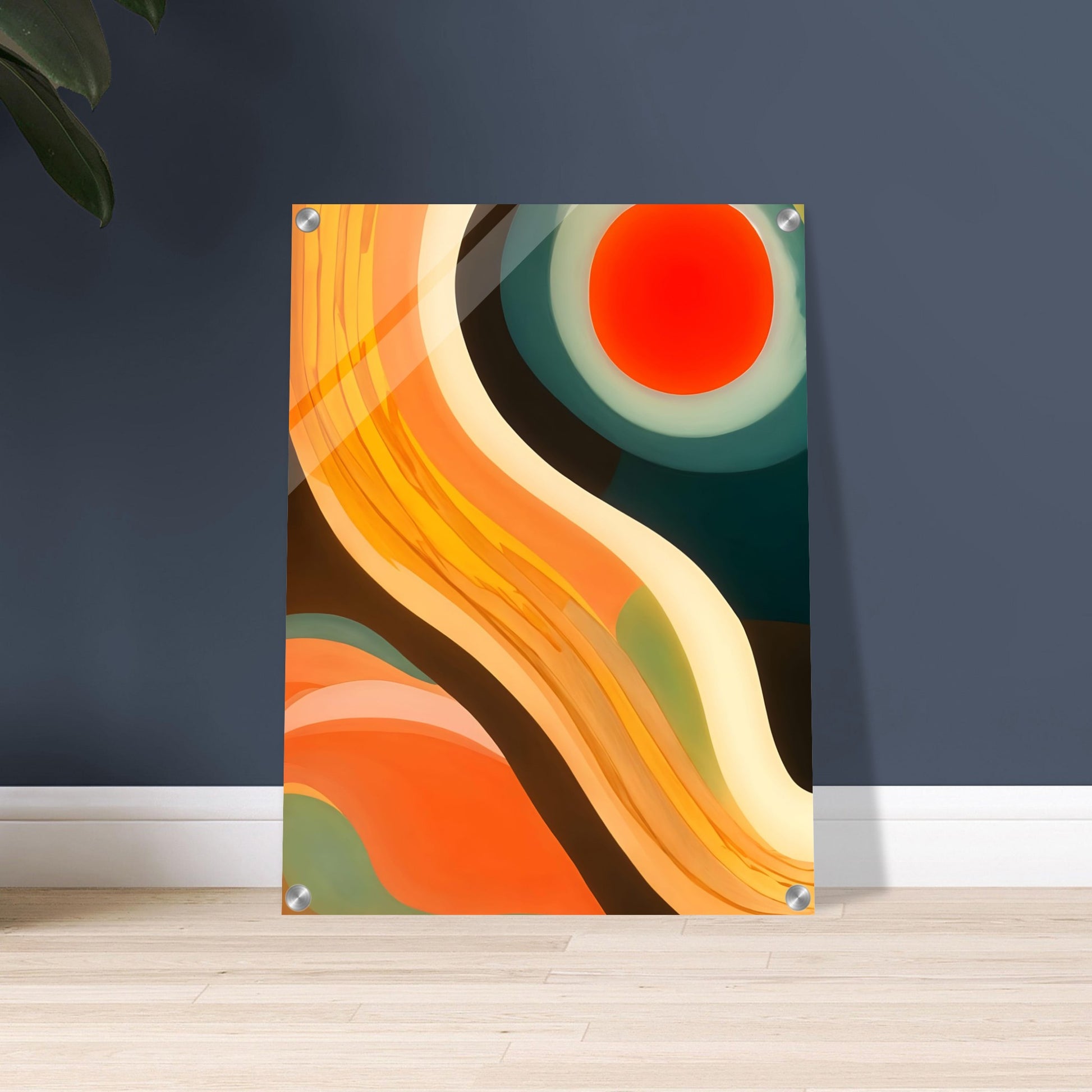 An abstract artwork featuring bold, flowing curves in shades of orange, yellow, and teal, with a vibrant red circular sun at the top.