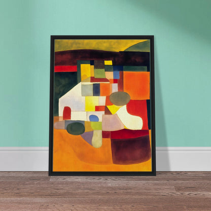 A cubist-inspired artwork of bold orange, yellow, and green shapes forming an abstract landscape of color and form.
