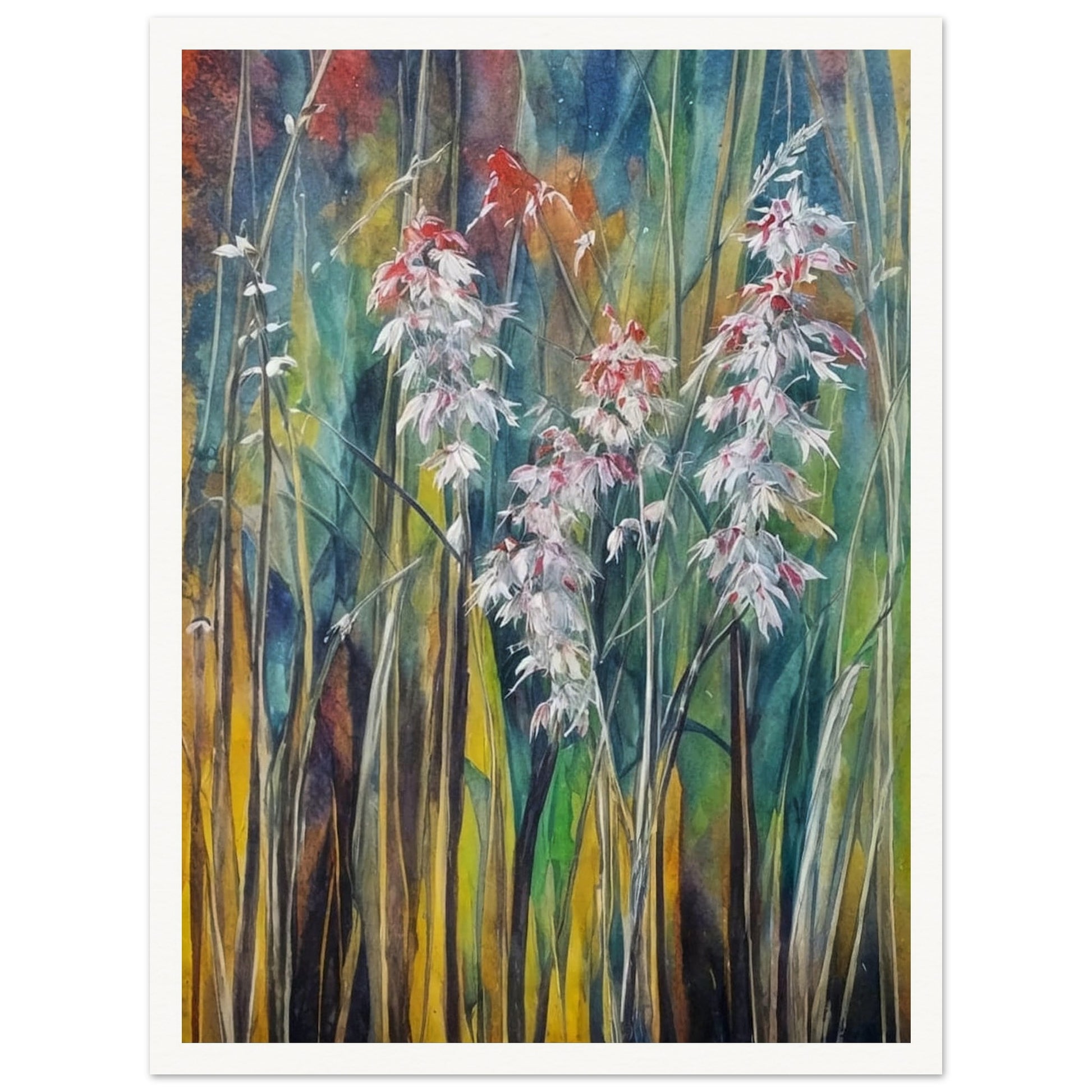 Delicate white and red wildflowers rise among tall, slender grasses, set against a softly textured background of green, blue, and golden hues.