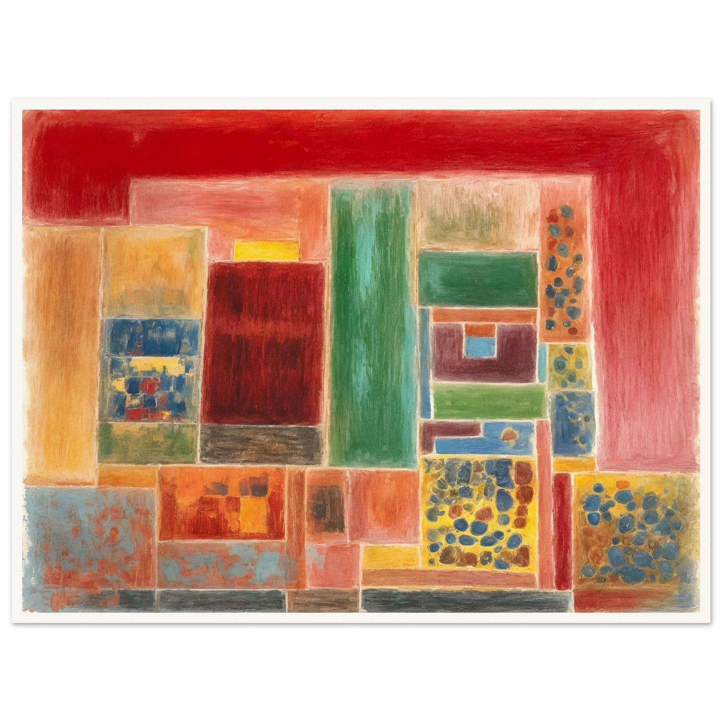 A vivid patchwork of red, green, yellow, and blue rectangles forming a rhythmic grid of warmth and texture.