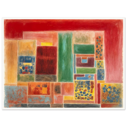 A vivid patchwork of red, green, yellow, and blue rectangles forming a rhythmic grid of warmth and texture.