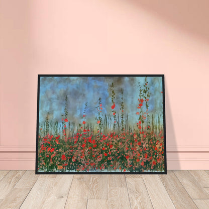 A serene landscape of tall wildflowers with red blooms against a cloudy blue sky, evoking a peaceful and natural atmosphere.