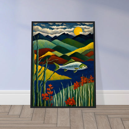 A vibrant fish glides above deep blue waters, surrounded by lush greenery, red flowers, and layered mountains under a glowing moon.