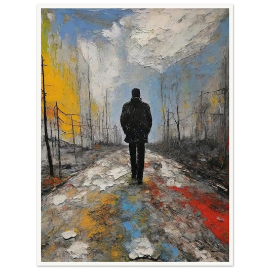 A lone figure in a dark coat walks along a desolate, colorful path under a cloudy sky, evoking a sense of solitude and reflection.