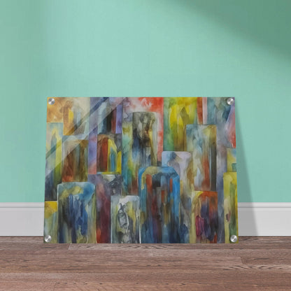 A vibrant abstract painting of a cityscape with multicolored buildings. The artwork features tall, rectangular shapes in a variety of hues, blending seamlessly to create a dynamic urban scene.