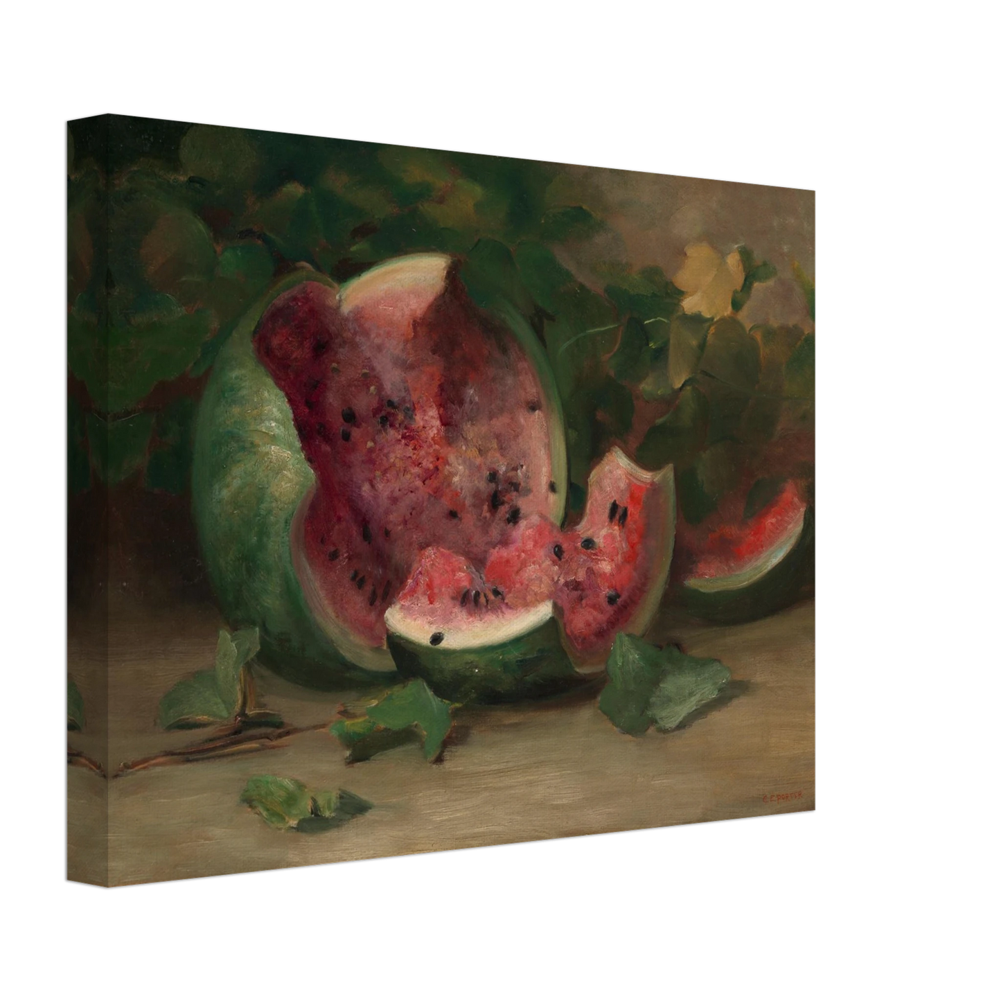 A cracked watermelon and red slices rest among green vines and leaves in a richly painted still life.