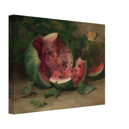 A cracked watermelon and red slices rest among green vines and leaves in a richly painted still life.