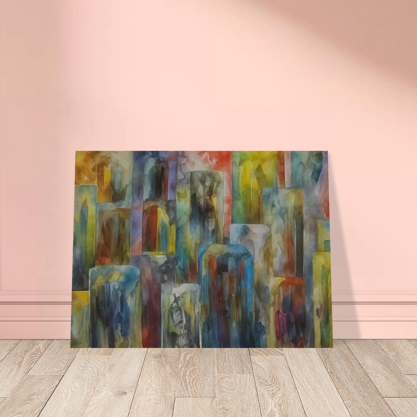 A vibrant abstract painting of a cityscape with multicolored buildings. The artwork features tall, rectangular shapes in a variety of hues, blending seamlessly to create a dynamic urban scene.