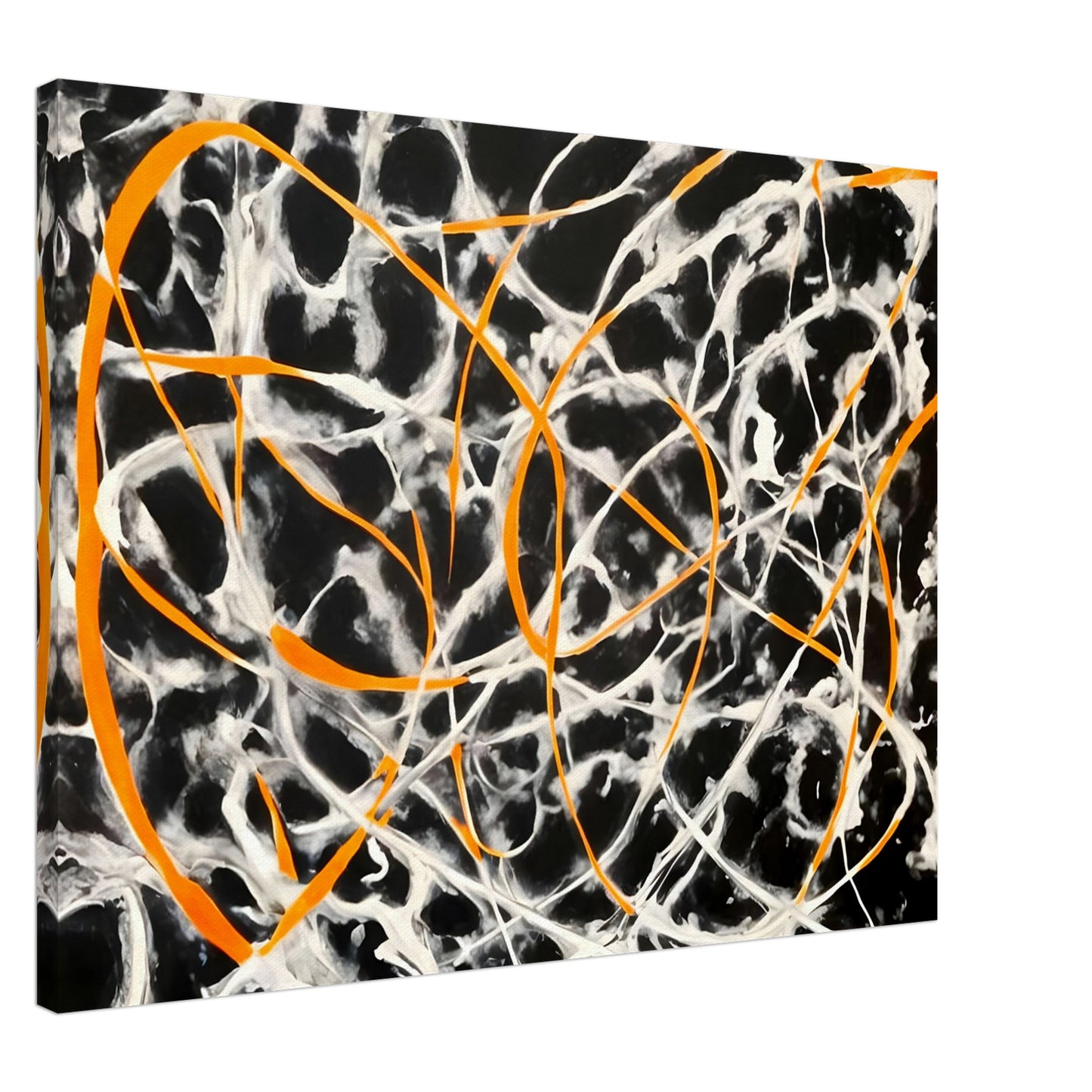 Dynamic black and white background with vibrant orange lines intertwining, creating an energetic and chaotic web of movement.