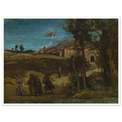 Angel casts fire over Sodom while figures flee through a dark biblical landscape