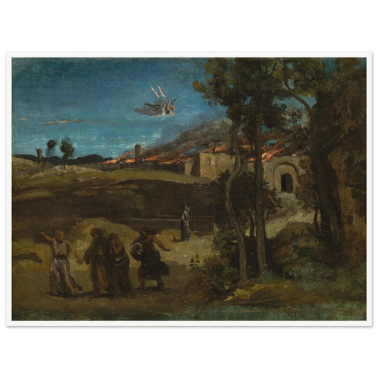 Angel casts fire over Sodom while figures flee through a dark biblical landscape