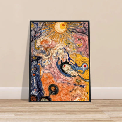 An abstract cosmic-inspired painting featuring a radiant sunburst at the top, swirling organic forms, flowing textures, and vibrant hues of gold, pink, blue, cream, and black that evoke a dreamlike universe in motion.