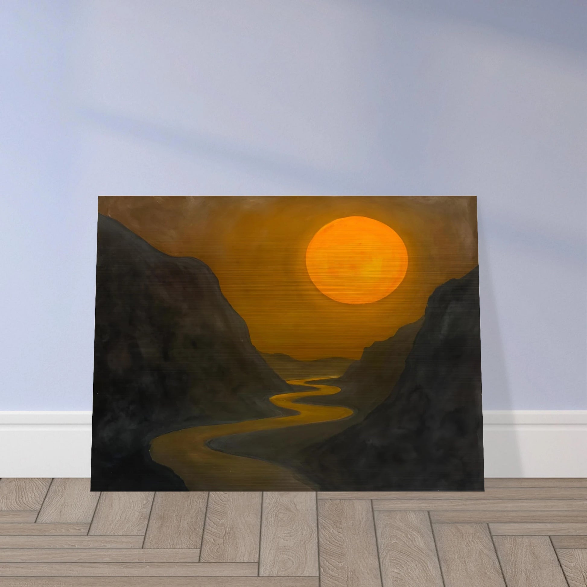 A glowing sun hovers over a winding river cutting through dark mountain valleys in a golden, dusky scene.