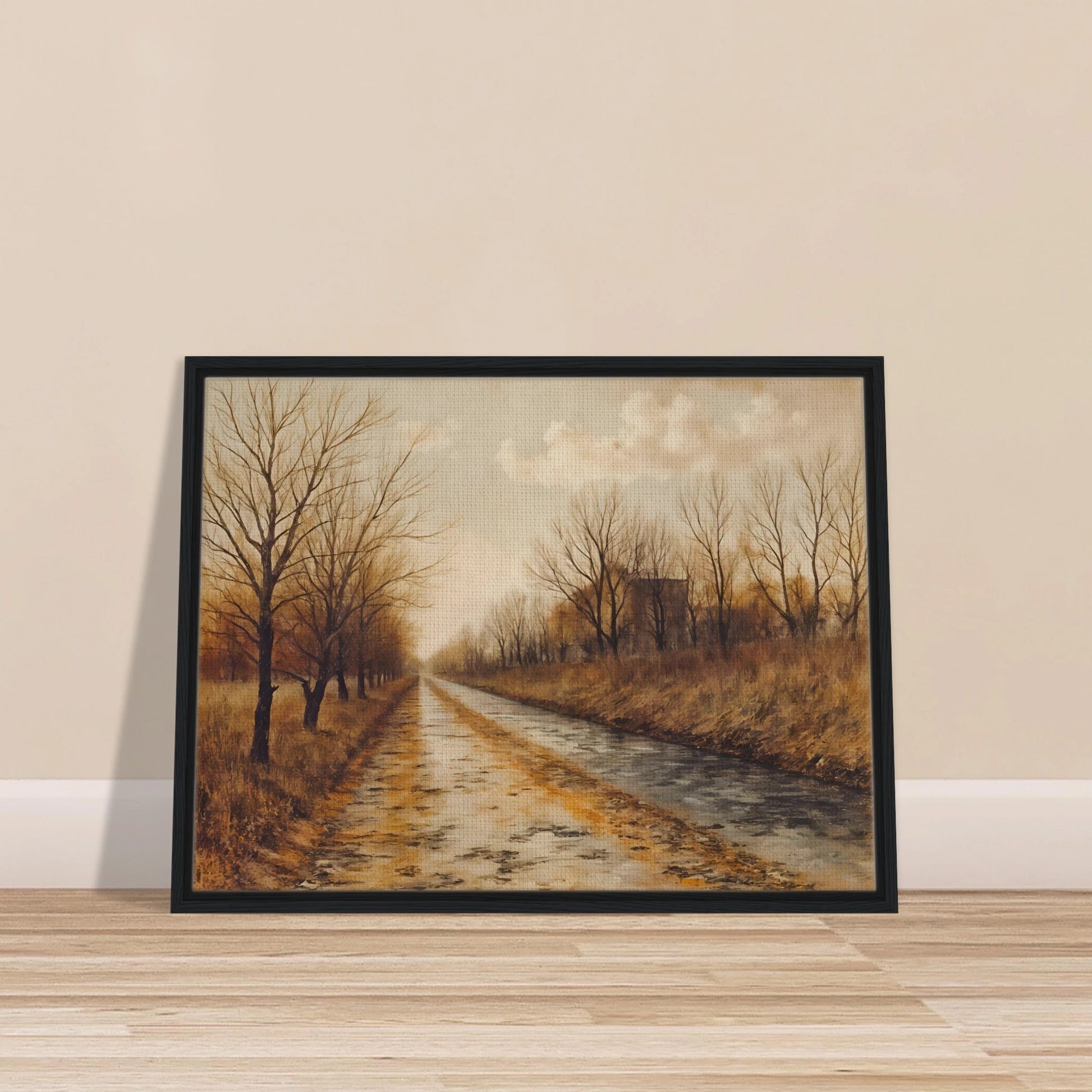A tranquil autumn road lined with bare trees and golden grass under soft clouds, evoking stillness and quiet reflection.