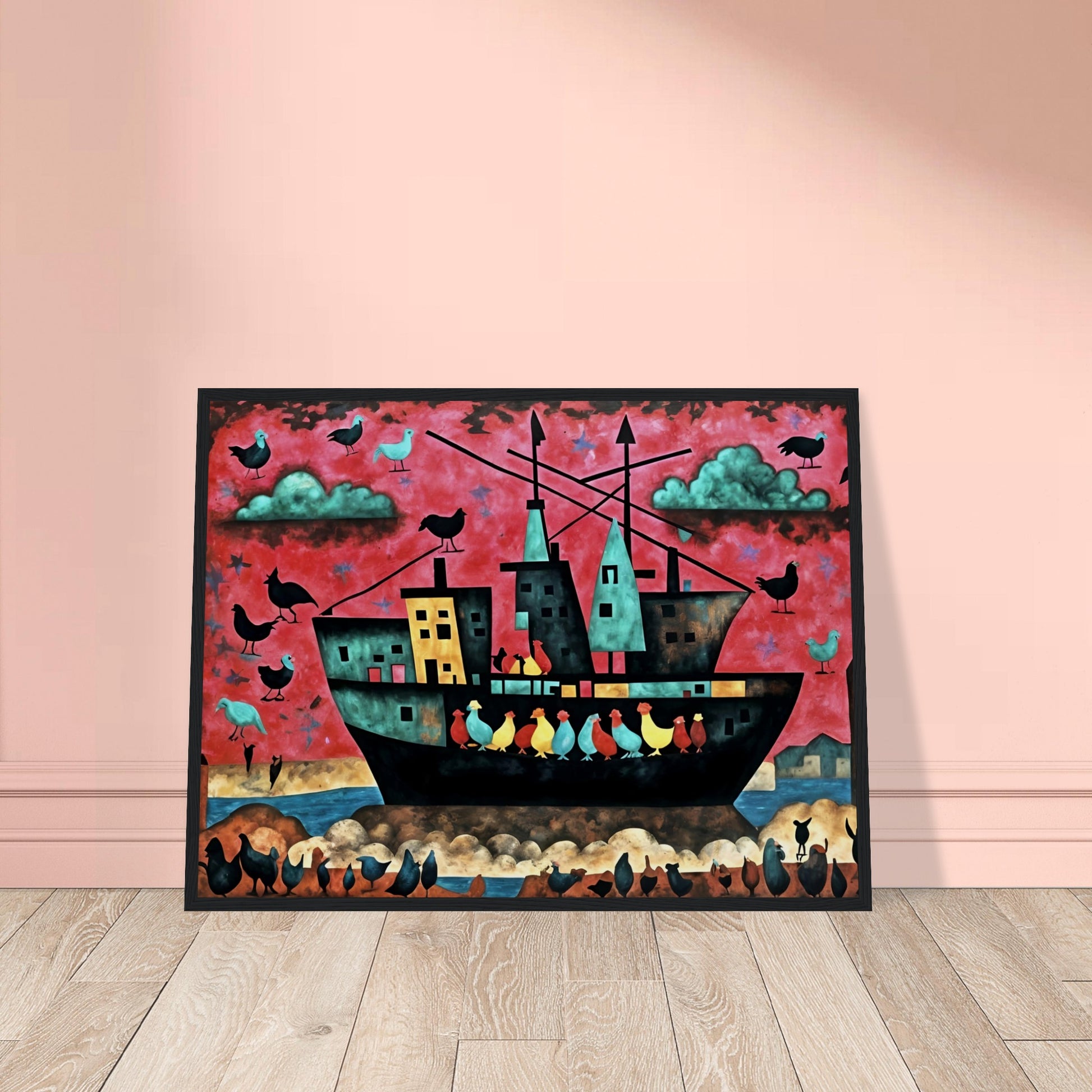 A surreal ship filled with colorful birds sails under a red sky, with more birds flying and perching around, creating a whimsical scene.