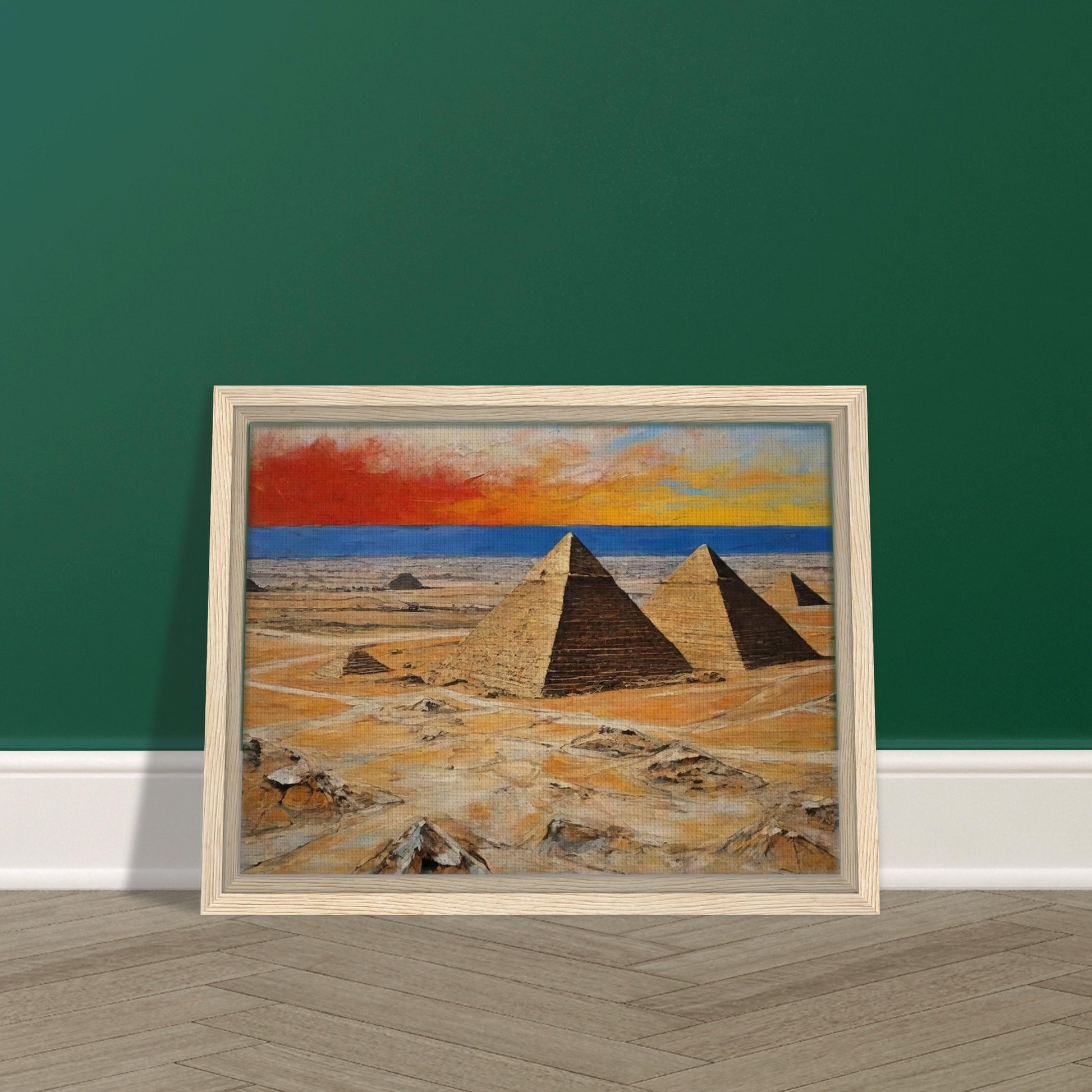 "A dramatic painting of the pyramids in Egypt, set against a vibrant sunset sky with rich shades of red, orange, and blue, highlighting the vast desert landscape."