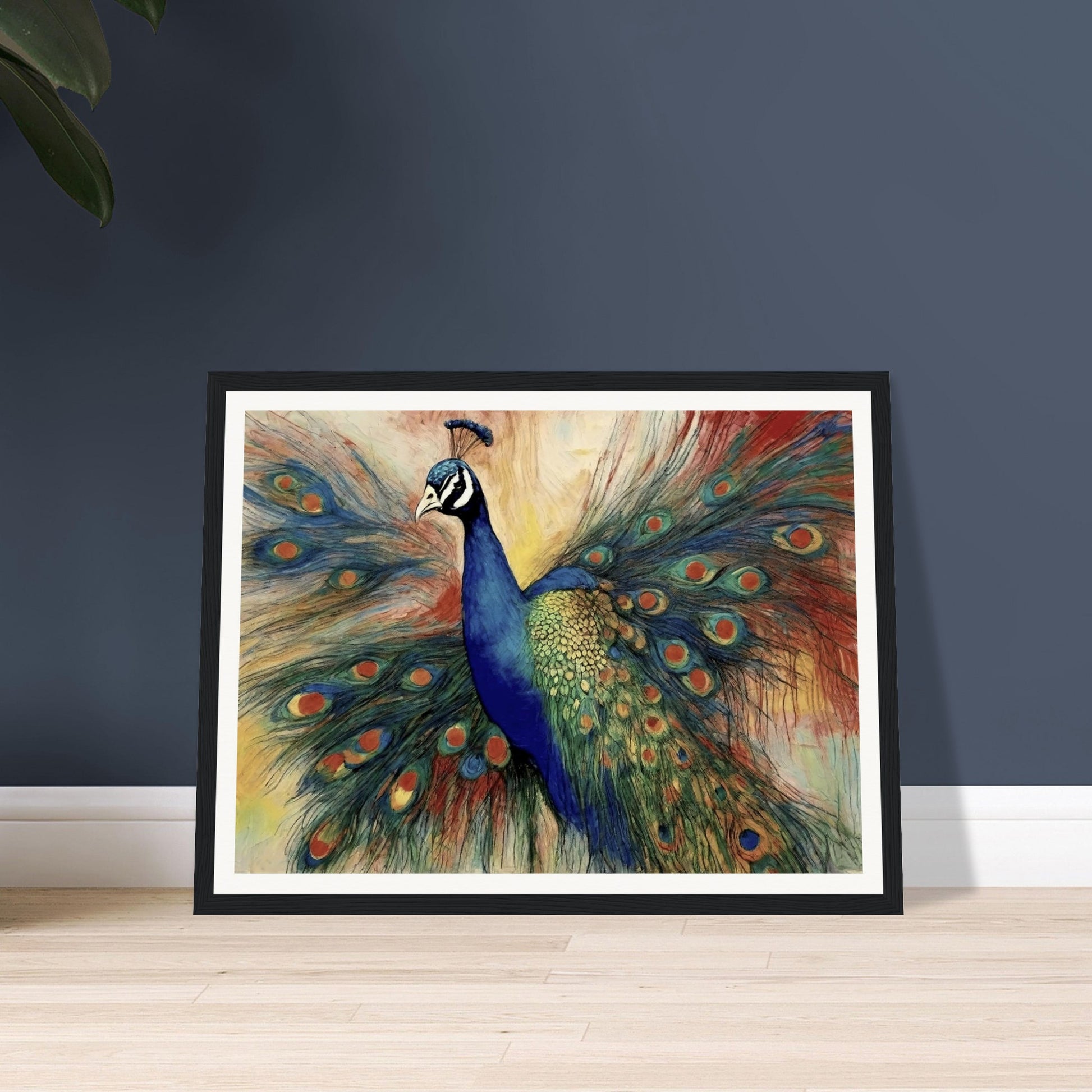 "A stunning painting of a vibrant peacock with its colorful feathers fully fanned out, showcasing rich blues, greens, and intricate eye-like patterns."