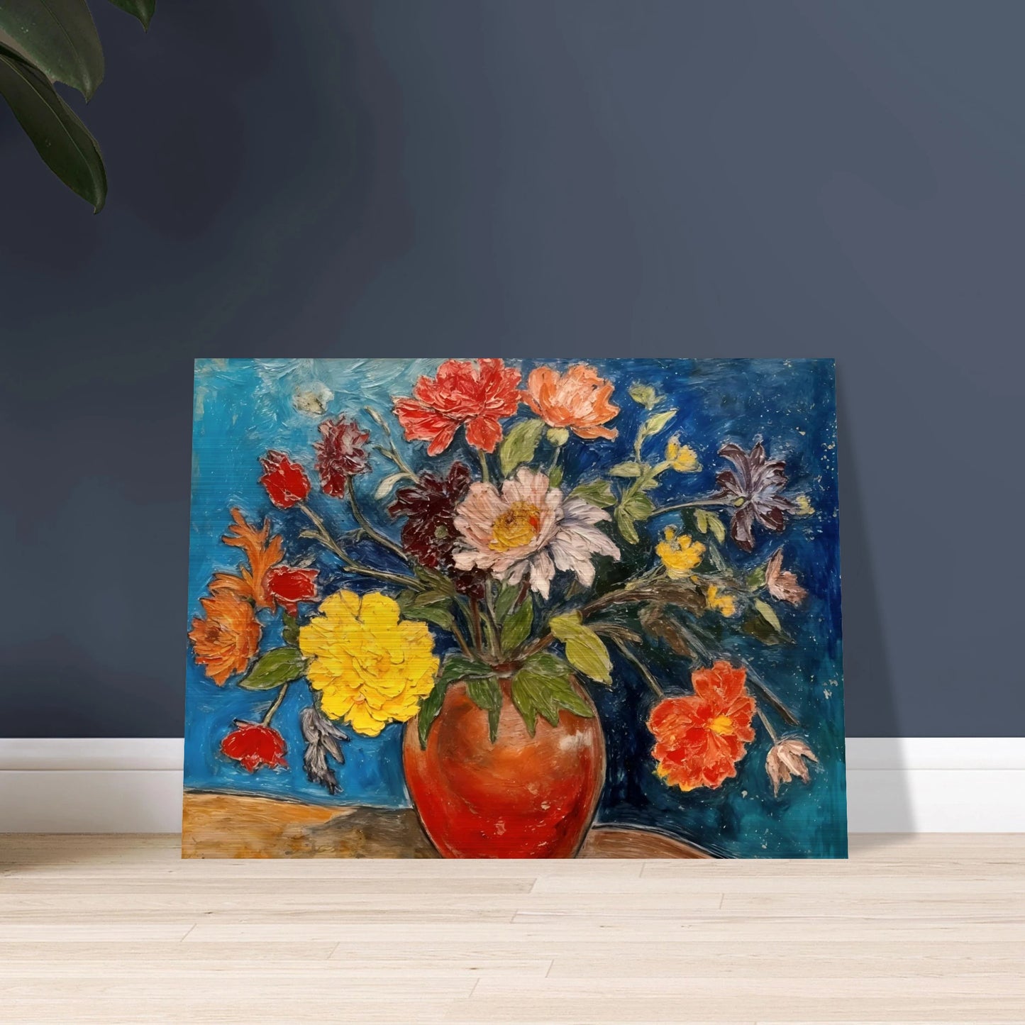 A vibrant floral still life featuring a red ceramic vase overflowing with colorful blossoms in shades of yellow, red, white, pink, and orange, set against a rich blue background.