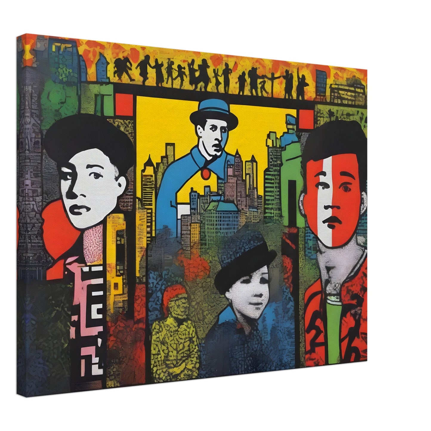 A vibrant, pop-art style painting featuring bold portraits of diverse individuals set against a colorful city skyline with detailed urban elements.