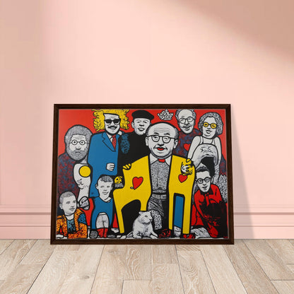 A vibrant pop-art style painting of a diverse group of people, featuring bold colors, stylized figures, and heart motifs on a red background.