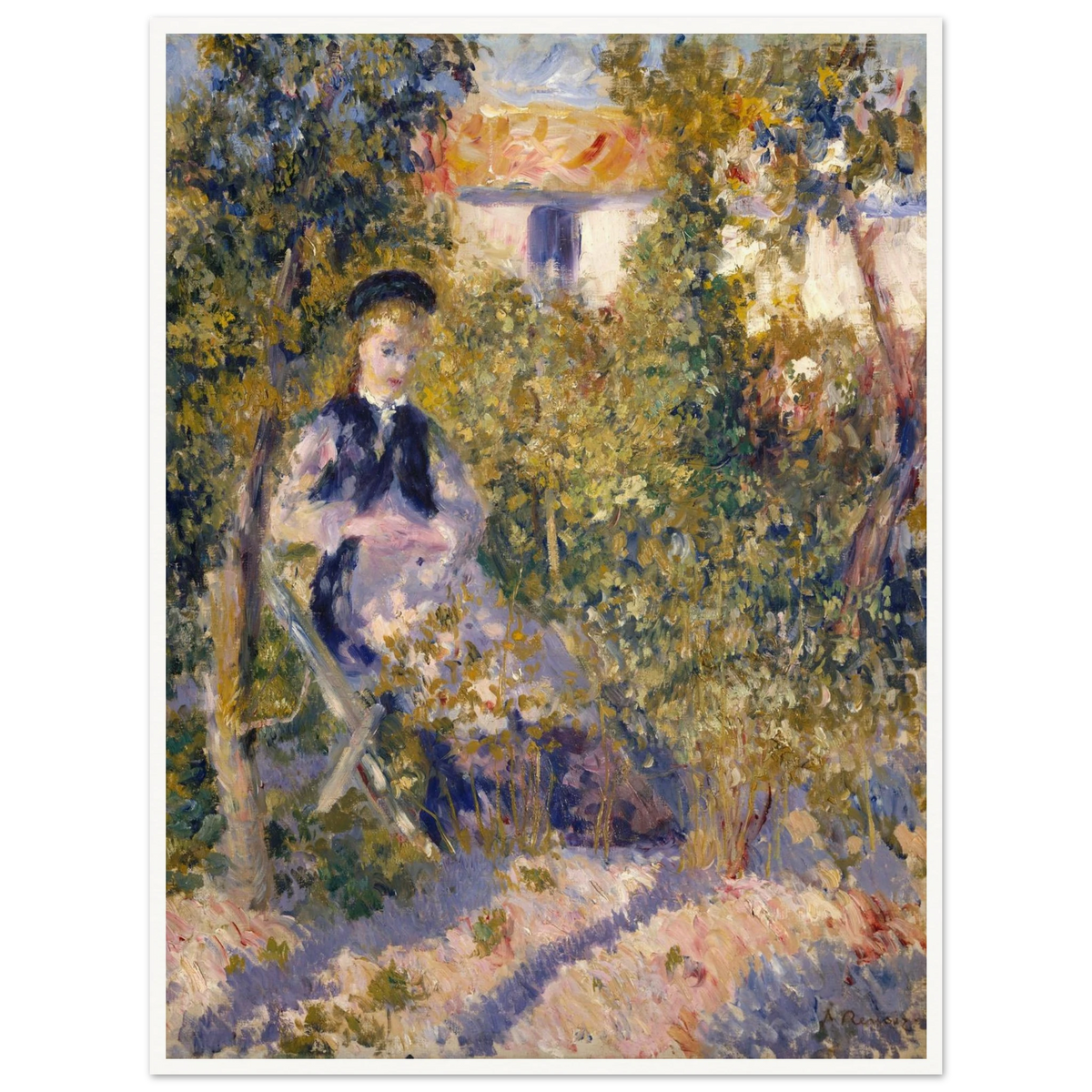 A woman sits in a flower-filled garden, surrounded by loose, colorful brushstrokes.