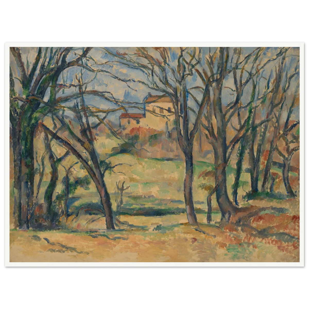 Bare trees frame yellow houses and fields in a softly painted countryside landscape.