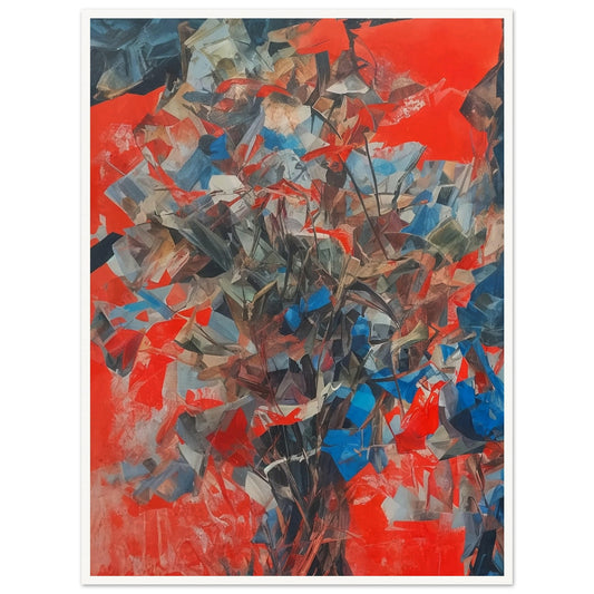 An abstract painting featuring a dynamic arrangement of leaves and branches in shades of blue, gray, and brown against a vibrant red background.