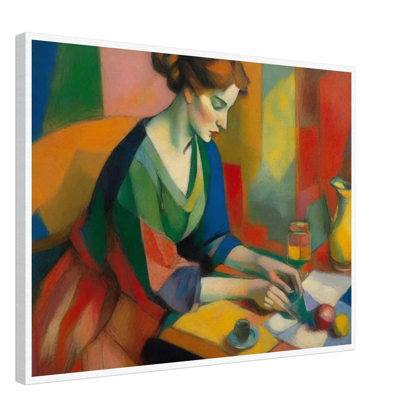 A vibrant painting depicting a woman in a colorful dress sitting at a table, engaged in writing or reading. The background features a mosaic of various hues, enhancing the vivid and dynamic atmosphere of the scene.