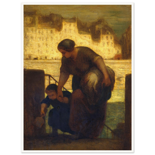 A laundress helps a child up riverside steps while carrying laundry against a glowing city background.