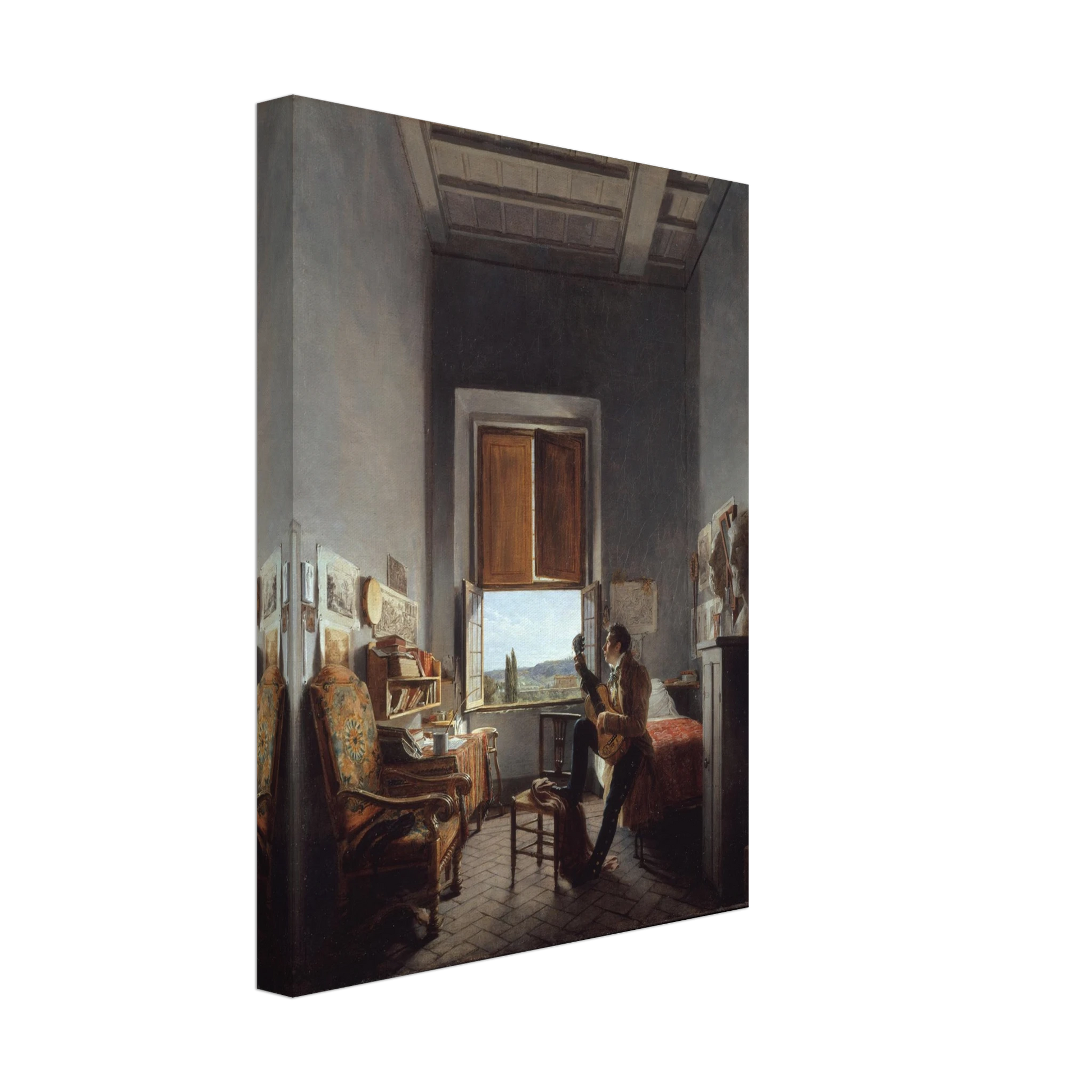 Artist plays guitar in a sunlit Villa Medici room overlooking the Roman countryside
