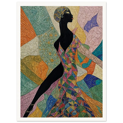 "A dynamic painting featuring a woman in a bold, geometric dress full of colors, poised in elegant motion, set against a vibrant abstract background."