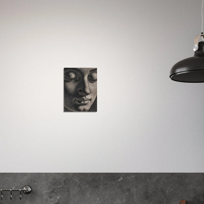 A contemplative monochrome portrait with lowered eyes and soft shadows evokes serenity, introspection, and timeless spiritual calm.