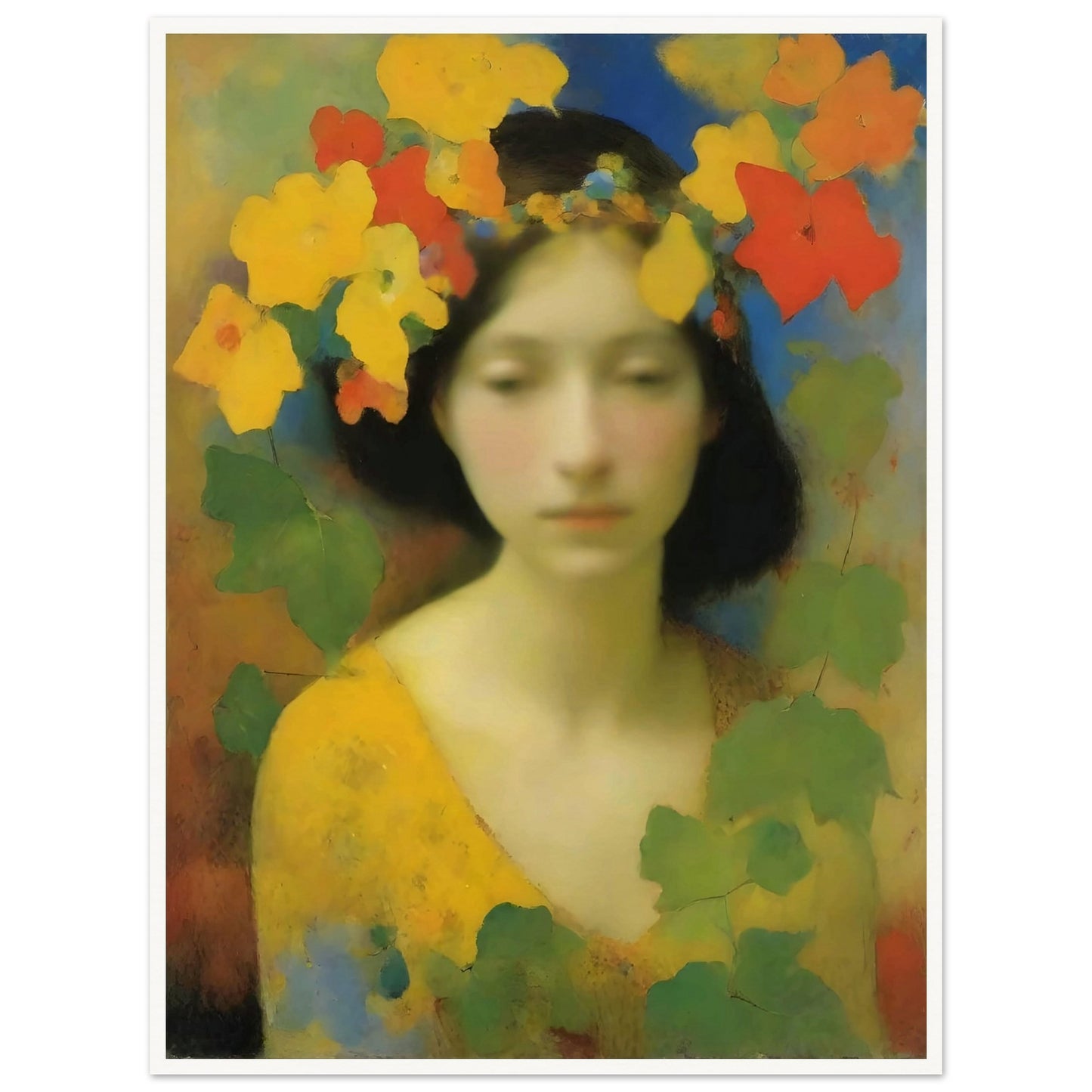 Dreamlike portrait of a serene woman adorned with a crown of yellow, orange, and red flowers, surrounded by soft greenery.