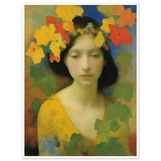 Dreamlike portrait of a serene woman adorned with a crown of yellow, orange, and red flowers, surrounded by soft greenery.