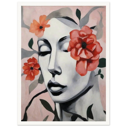 "A delicate portrait of a woman’s face with her eyes closed, surrounded by soft red and orange flowers, blending calm expression with floral beauty."