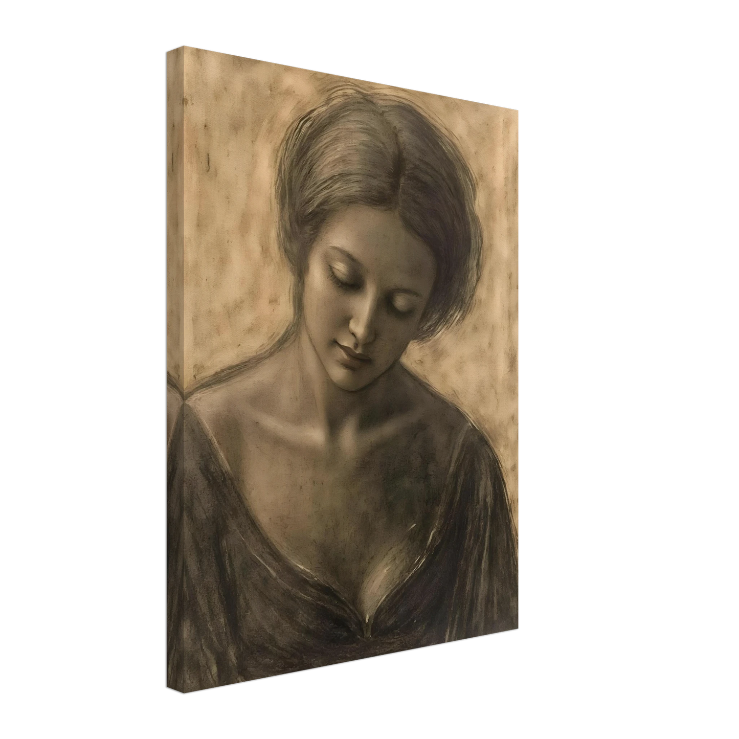 A soft sepia portrait of a contemplative woman with lowered gaze, delicate features, and timeless elegance.