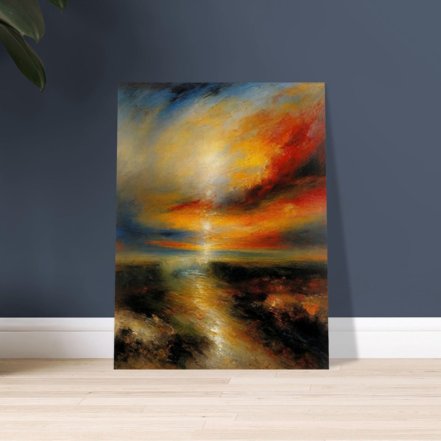 A vibrant painting capturing a dramatic sunset over a landscape. The sky is filled with intense hues of orange, red, and blue, blending seamlessly as the sun descends, casting a warm glow over the water below.