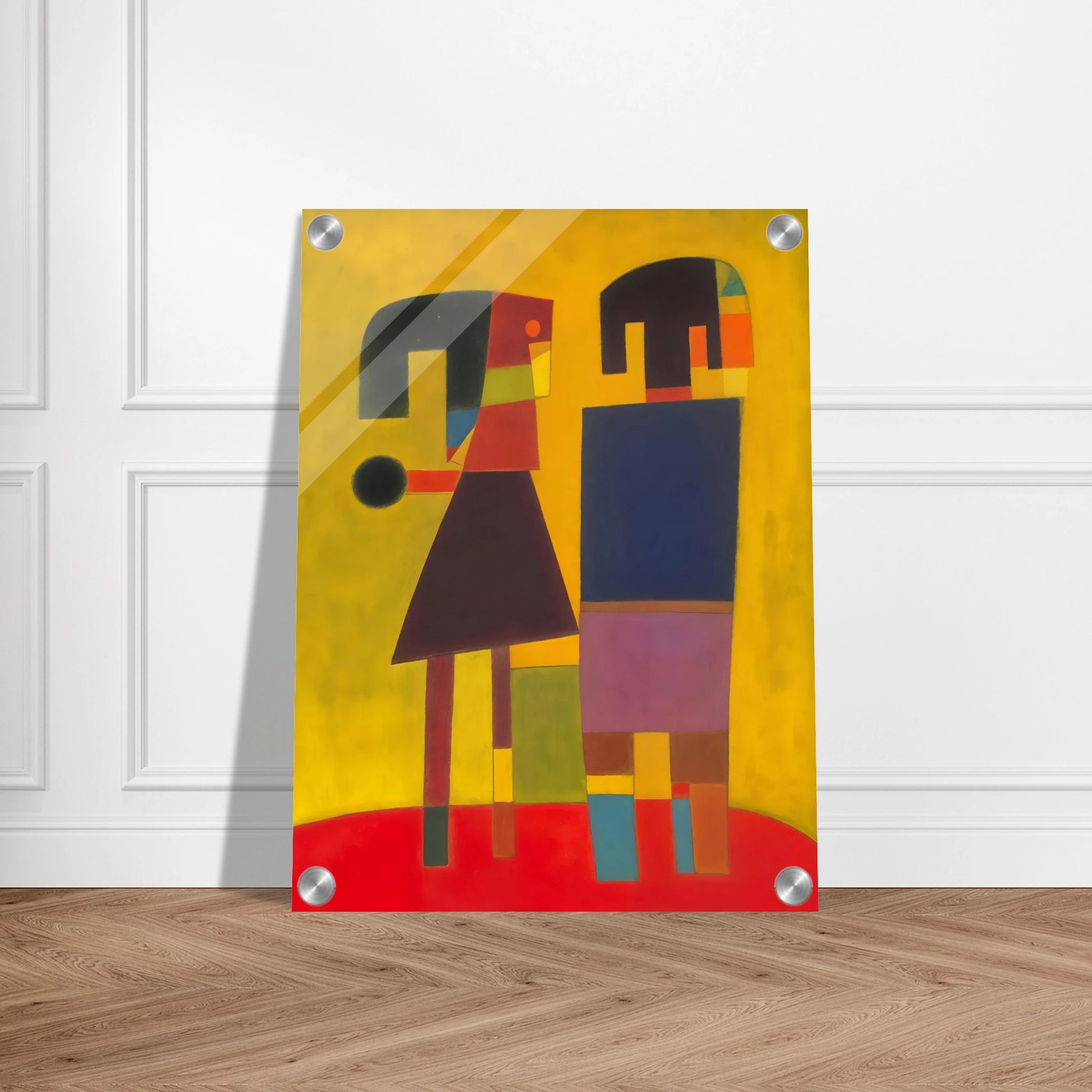 Two stylized figures in bold geometric shapes stand on a red floor against a golden background, evoking quiet connection.
