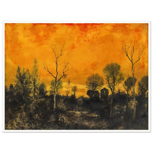 A forest silhouetted against a blazing orange sky, with leafless and leafy trees under a textured sunset.