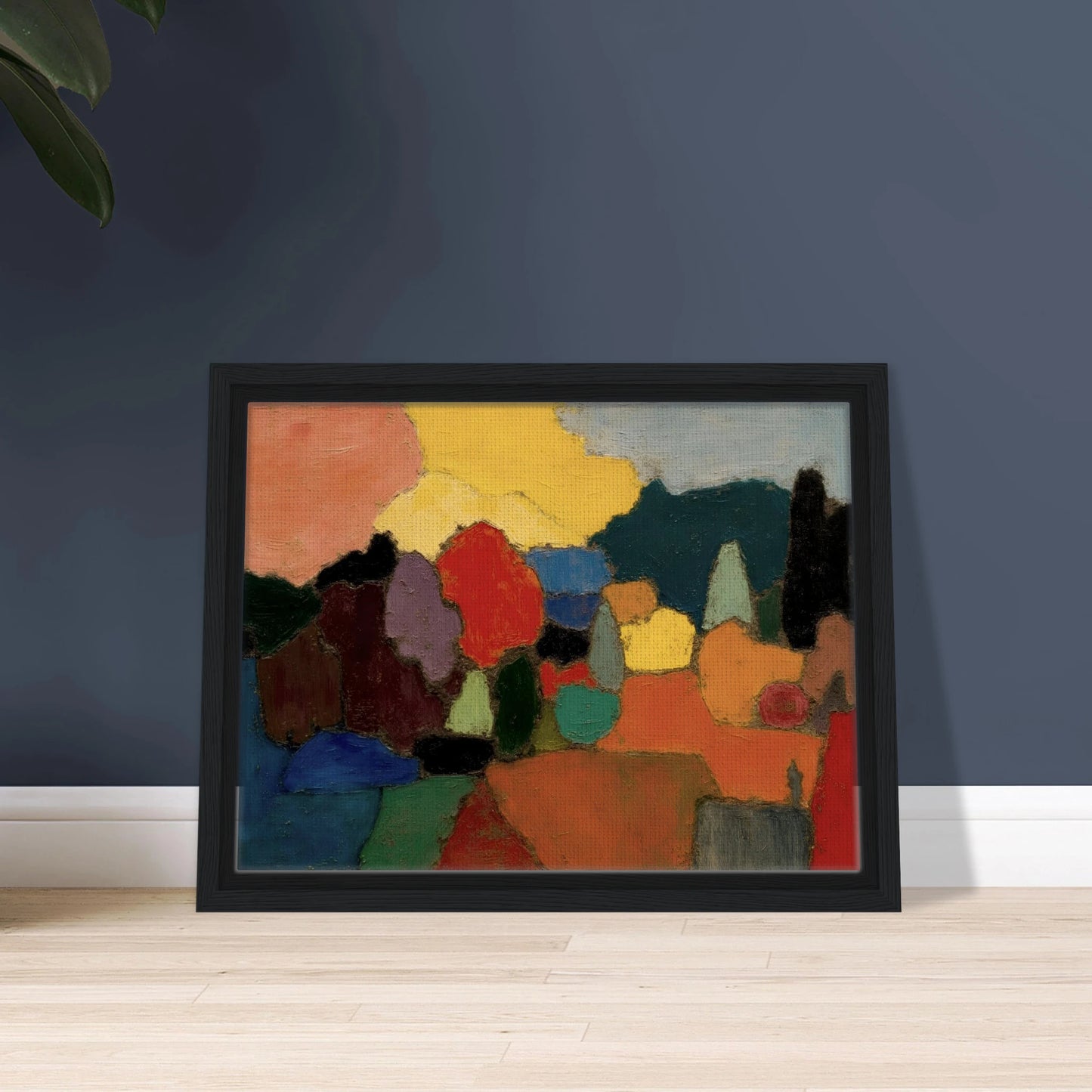 Colorful trees and fields gather beneath a glowing sky, blending rich reds, blues, and golds into a serene landscape.