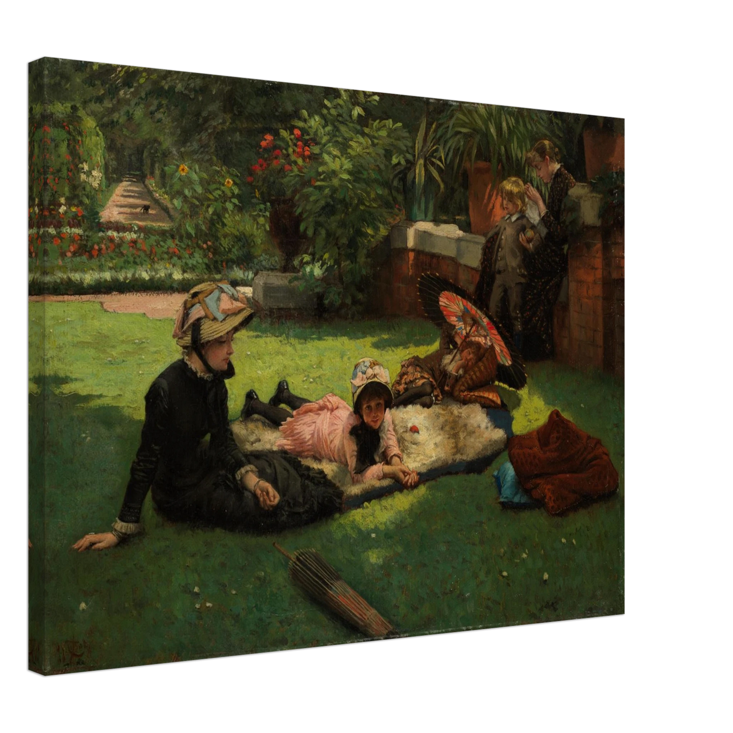 Children and women lounge in a garden with a colorful parasol under bright sunlight