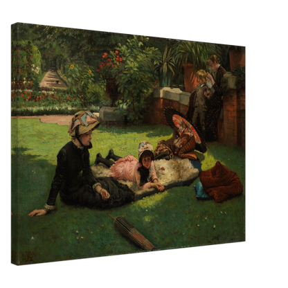Children and women lounge in a garden with a colorful parasol under bright sunlight