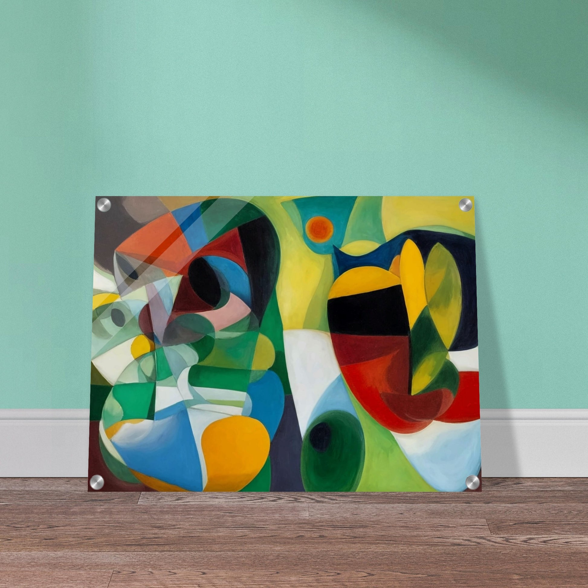 An abstract painting with vibrant, swirling shapes and colors creating a dynamic and whimsical composition.