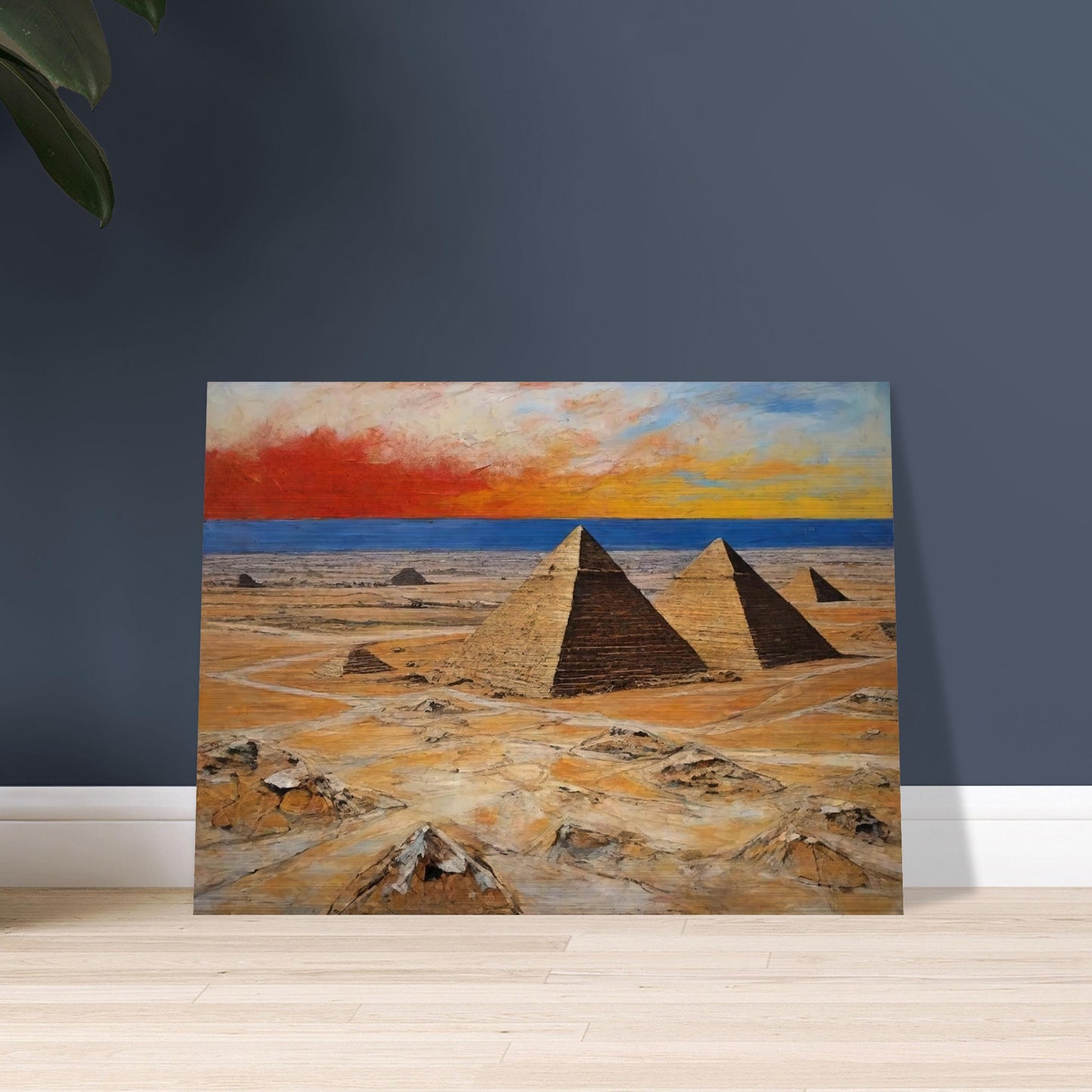 "A dramatic painting of the pyramids in Egypt, set against a vibrant sunset sky with rich shades of red, orange, and blue, highlighting the vast desert landscape."