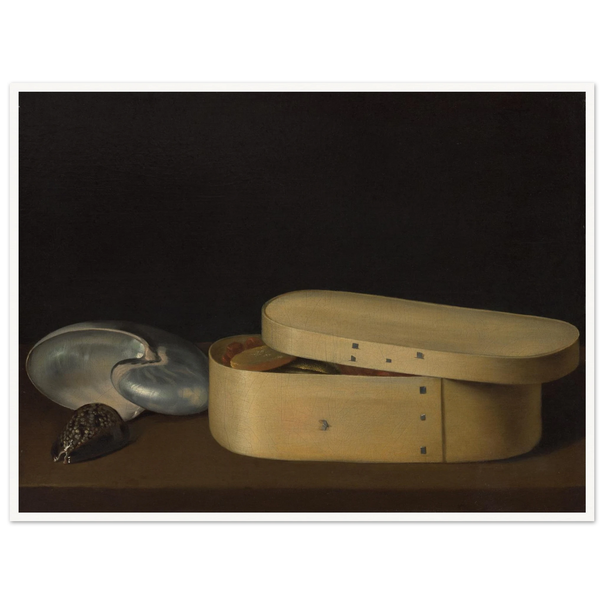 A chip-wood box with shells, dried fruit, and fish rests against a dark background.