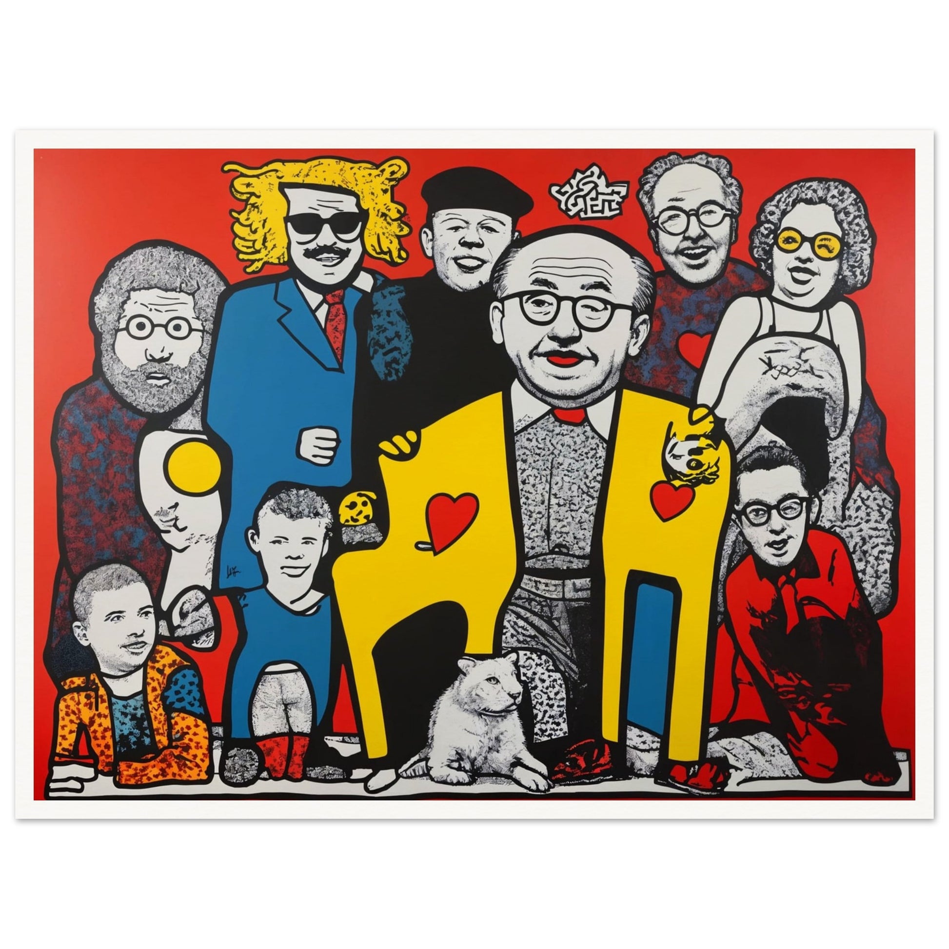 A vibrant pop-art style painting of a diverse group of people, featuring bold colors, stylized figures, and heart motifs on a red background.