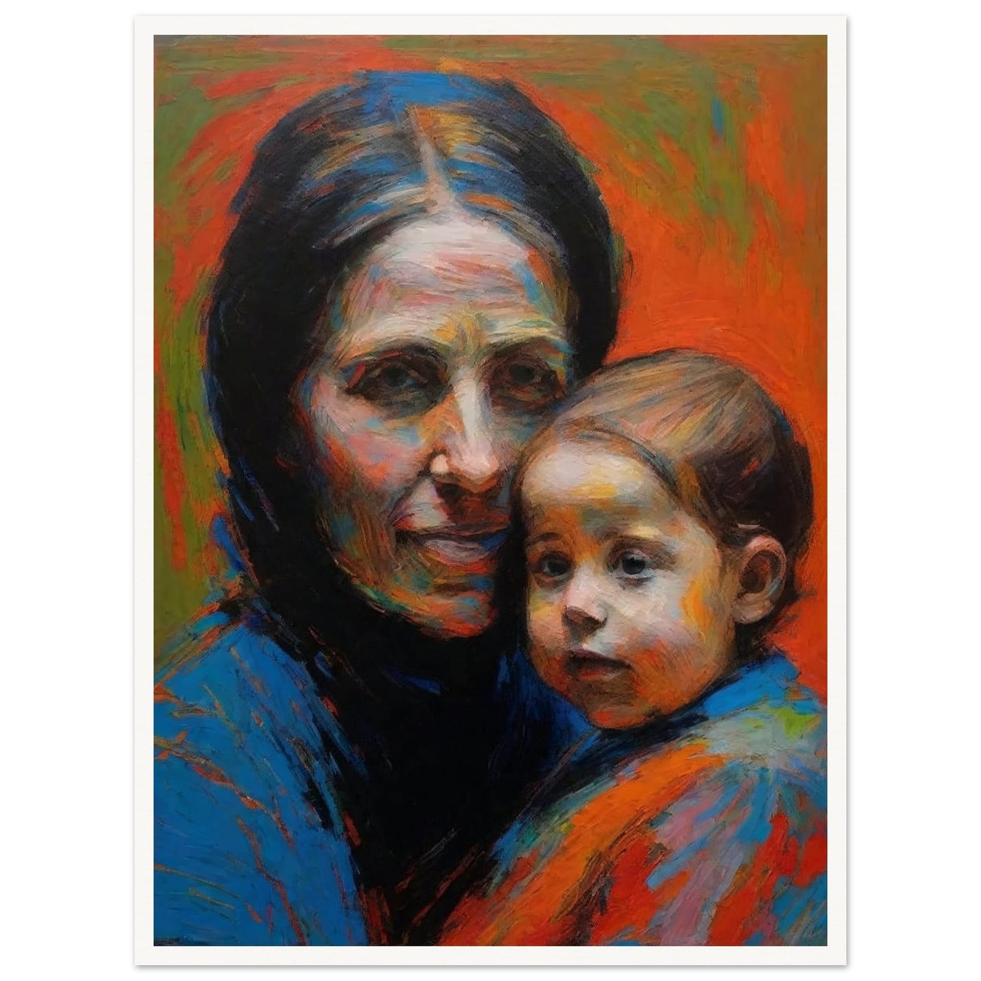 A touching portrait of a mother and child with warm, vibrant colors and expressive brushstrokes.