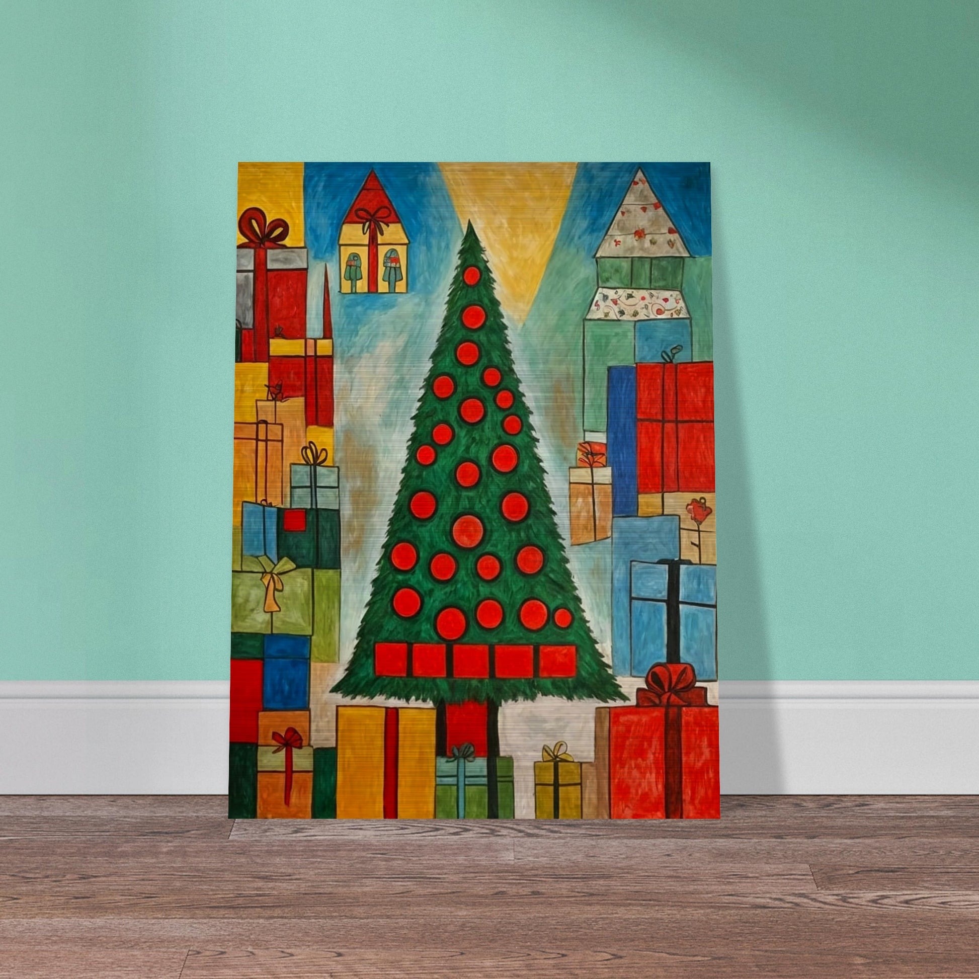 A vibrant Christmas scene featuring a tall tree decorated with red ornaments, surrounded by colorful presents wrapped in various sizes, symbolizing festive cheer.