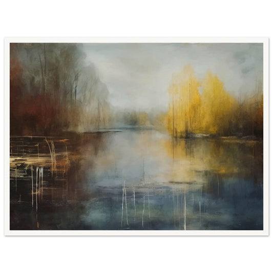 A serene lakeside landscape featuring calm waters reflecting golden trees and a soft mist, creating a peaceful autumnal scene.