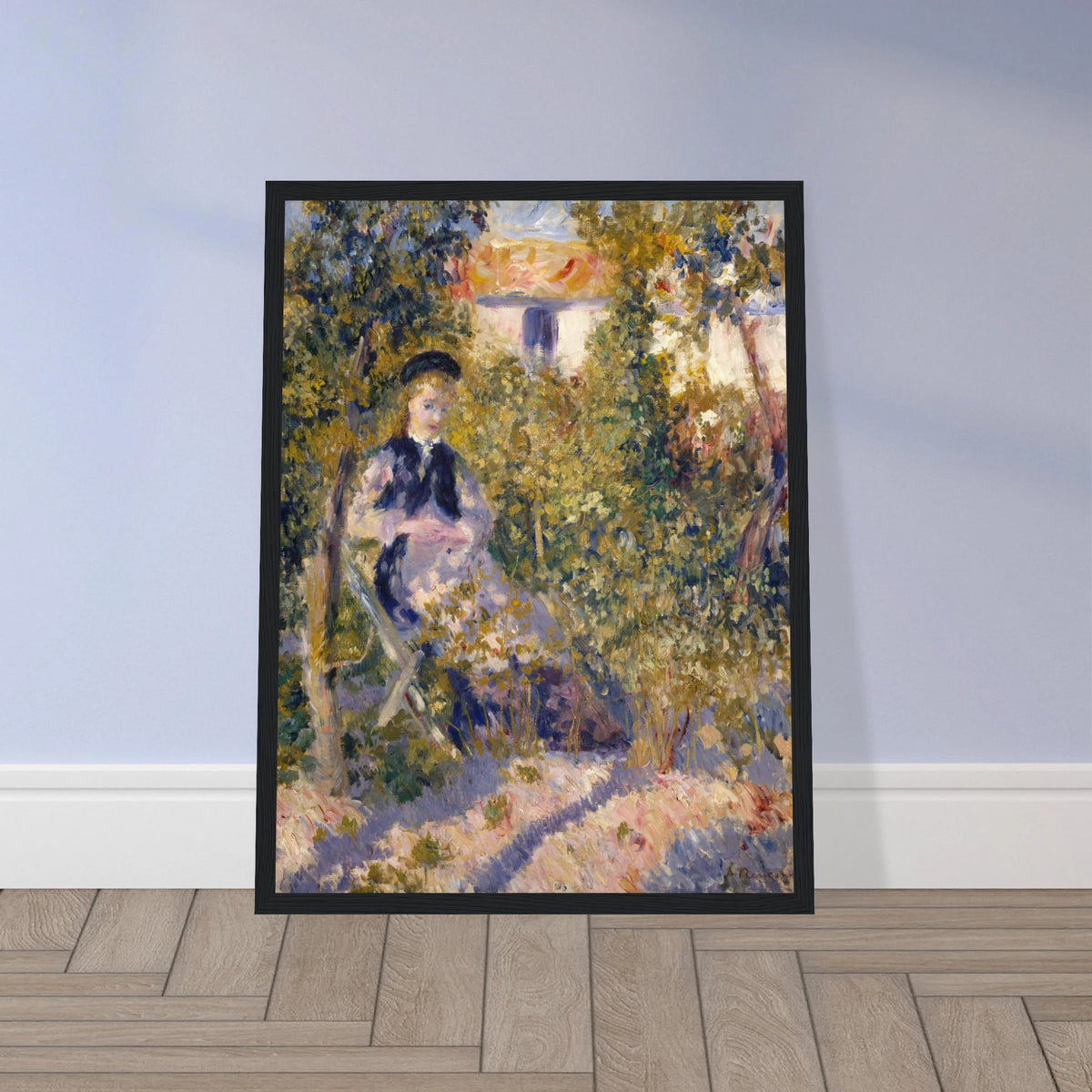 A woman sits in a flower-filled garden, surrounded by loose, colorful brushstrokes.